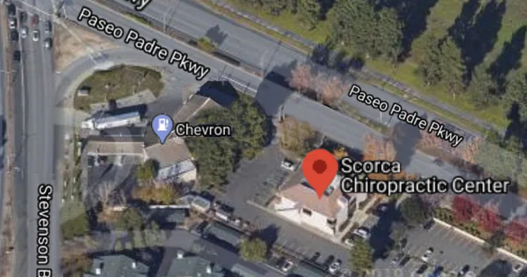 Aerial map showing Scorca Chiropractic Center location on Paseo Padre Parkway near Chevron gas station