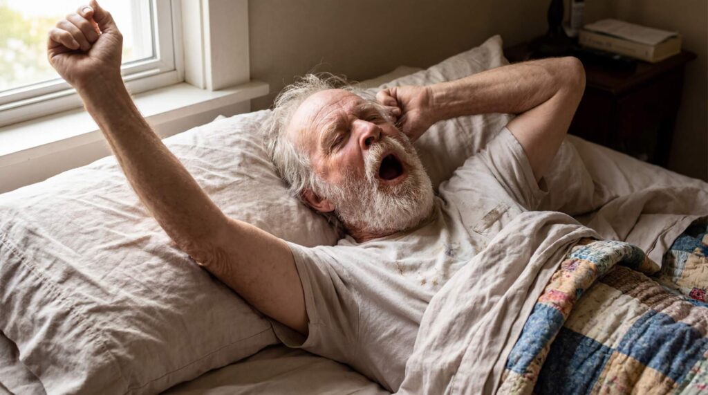 Older man with gray beard stretching in bed with arms raised after waking up