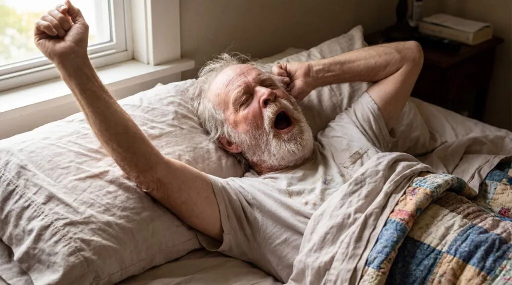 Older man with gray beard stretching in bed with arms raised after waking up